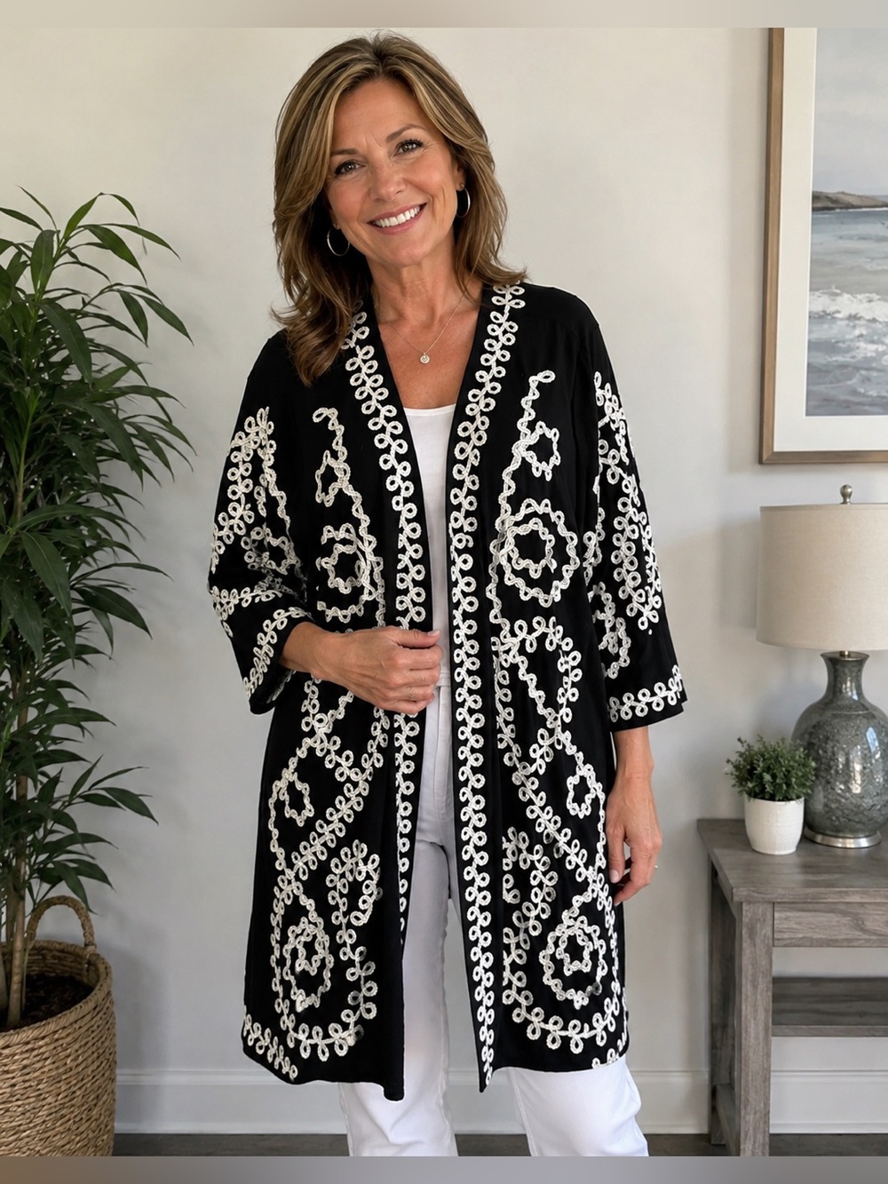 KATHERINES black / white open front cardigan 2x NWT